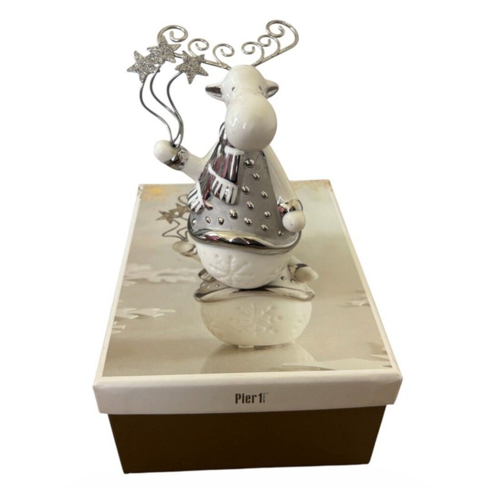 Pier 1 Imports Christmas Reindeer Figurine Silver White Porcelain Moose 5"boxed